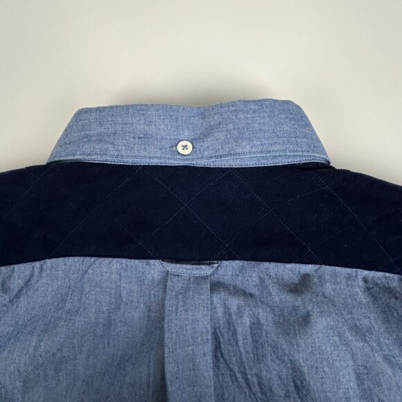 Faconnable Shirt Mens L Chambray Contempory Blue Corduroy Yoke Roll Tab Sleeve - Picture 7 of 16